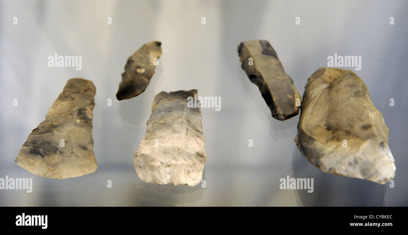 Flint handaxes. C. 8700 BC. Moose hunting. Skottemarke, Lolland. Maglemosian Culture, 9500-6500 BC. Mesolithic. Stock Photo