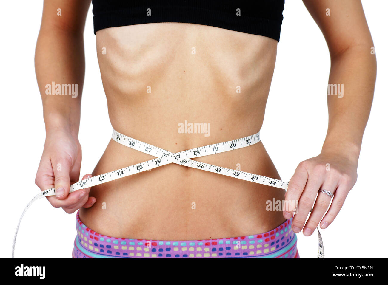 Torso of a very thin, anorexic, with rib cage and hip bones protruding,  young woman measuring her waist Stock Photo - Alamy