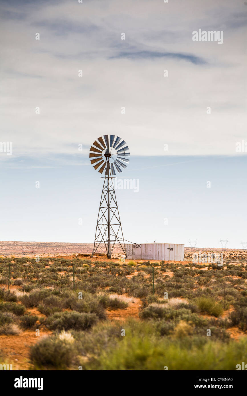 Old Industrial windmill in a field, Nevada, USA Stock Photo