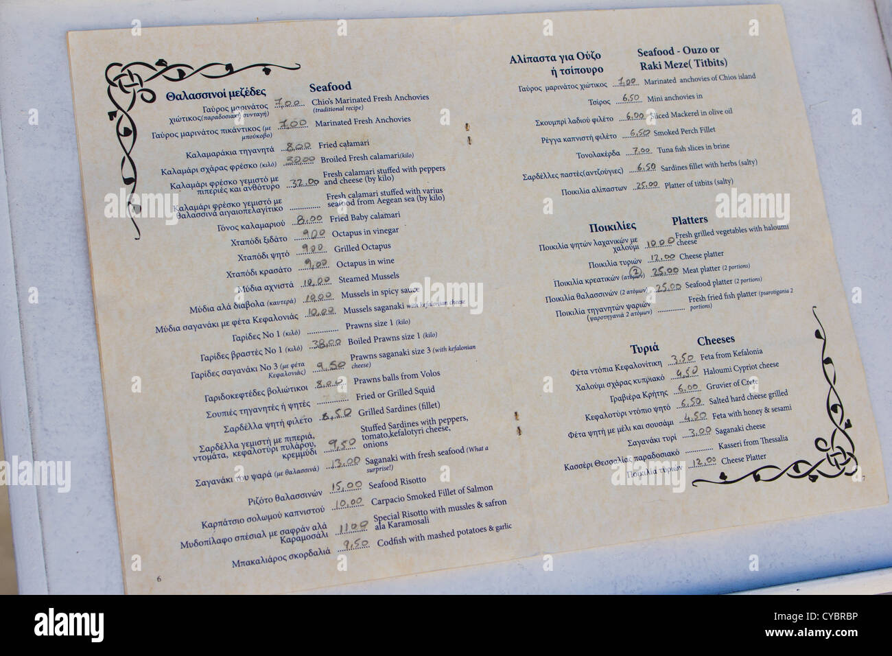 Restaurant menu selection and Prices. Argostoli Cephalonia Greek Islands Stock Photo Alamy