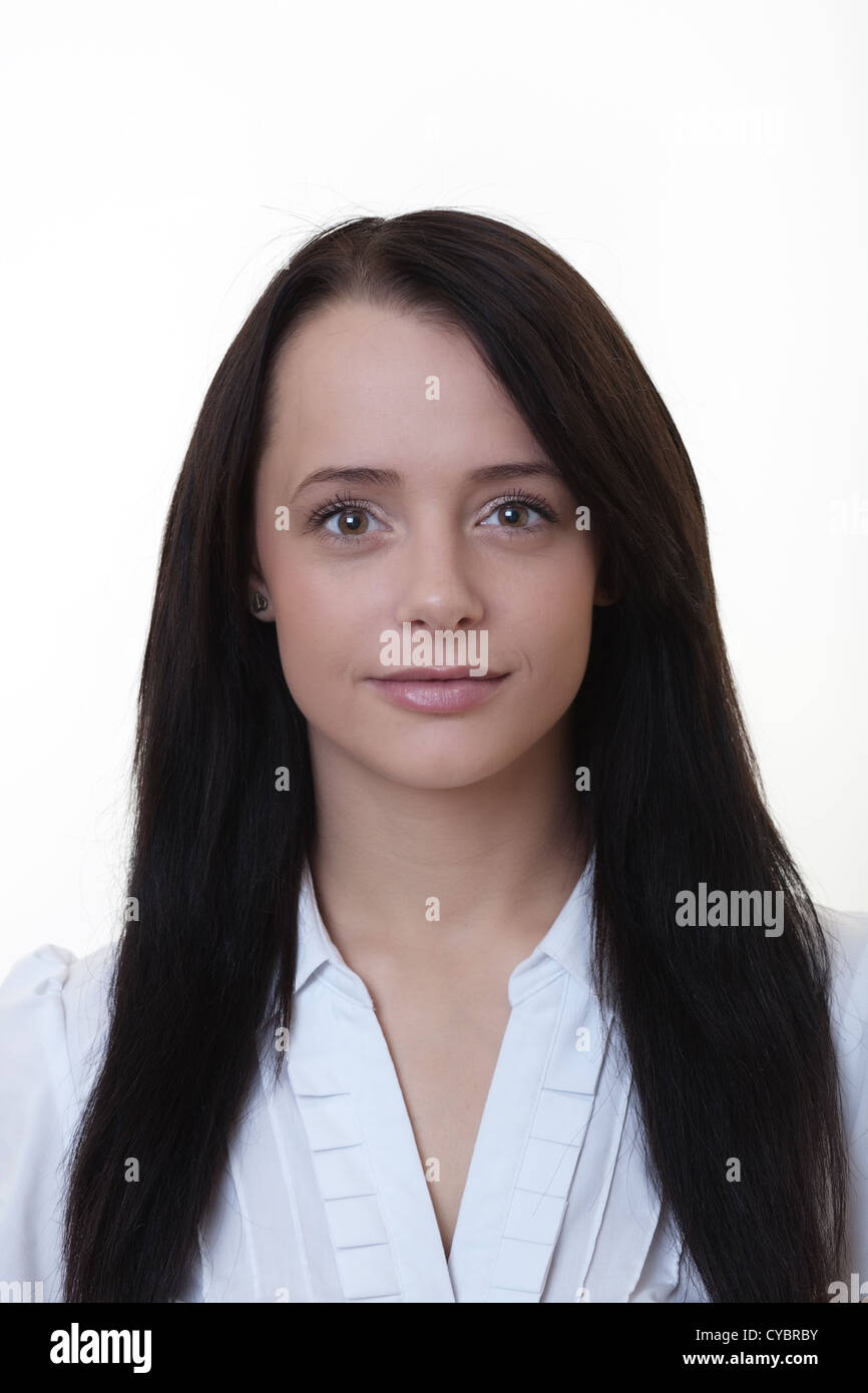portrait of young good looking woman on white background Stock Photo