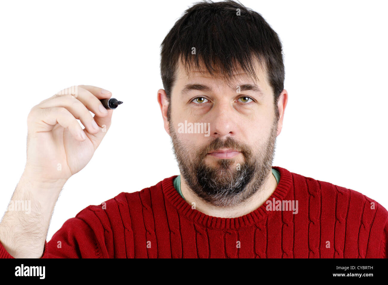 Ordinary guy, regular joe, ready to write something with his big black felt pen, real candid person. Stock Photo