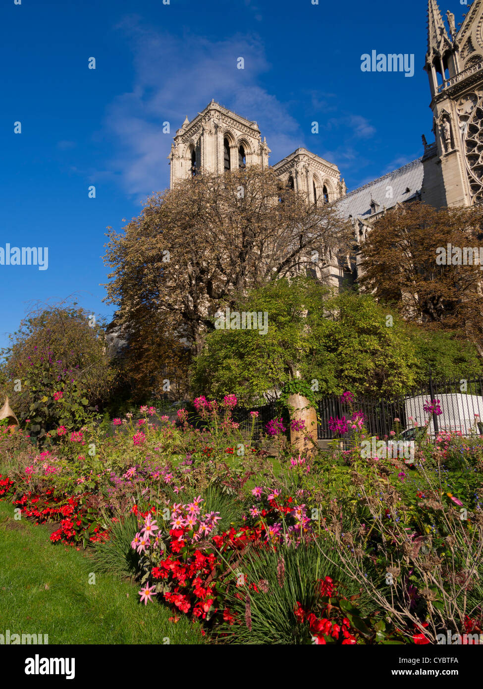 Flowerbeds outside Notre Dame Cathedral, Paris. Stock Photo