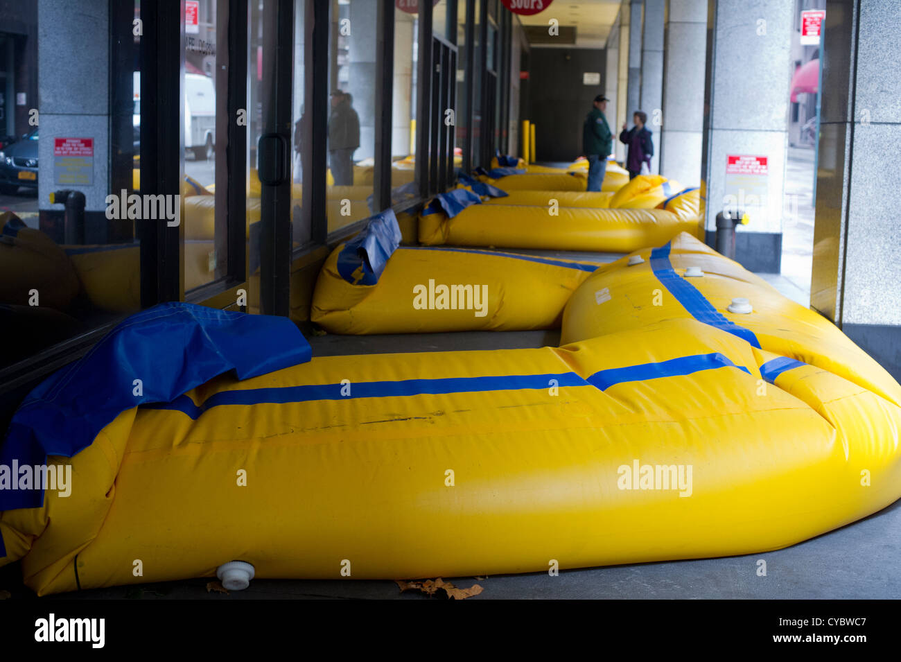 Inflatable barriers used to protect a building from flood damage seen