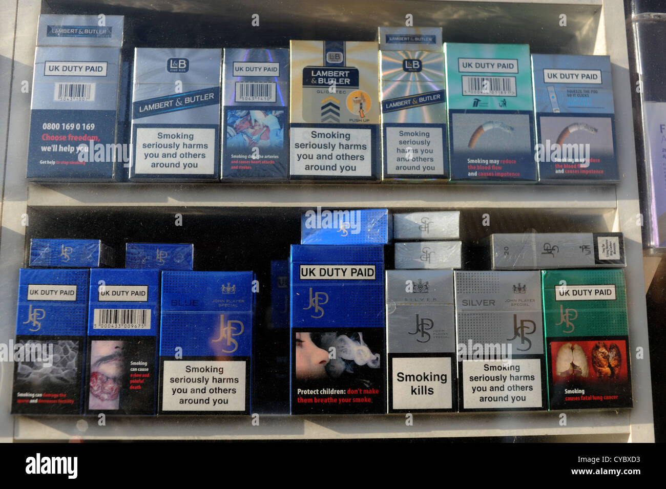 Blackpool Lancashire coast UK - Cigarettes on display in shop window Stock Photo