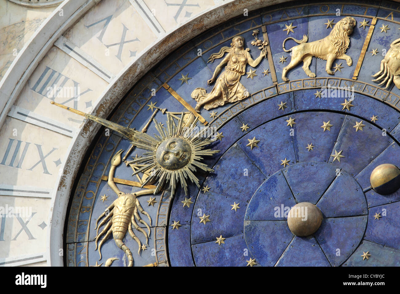 Astronomical Clock Tower (Torre dell'Orologio) Details. St. Mark's Square (Piazza San Marko), Venice, Italy. Stock Photo