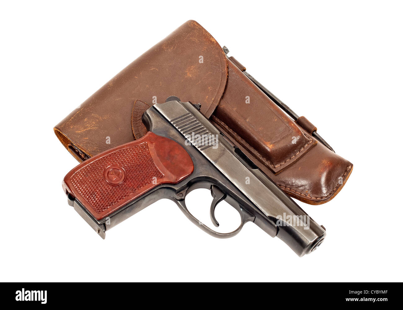 Russian handgun and holster on white background Stock Photo