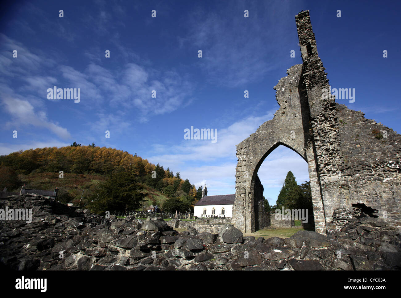 Church and abbey remains at Talley, Powys, Wales, UK. Stock Photo