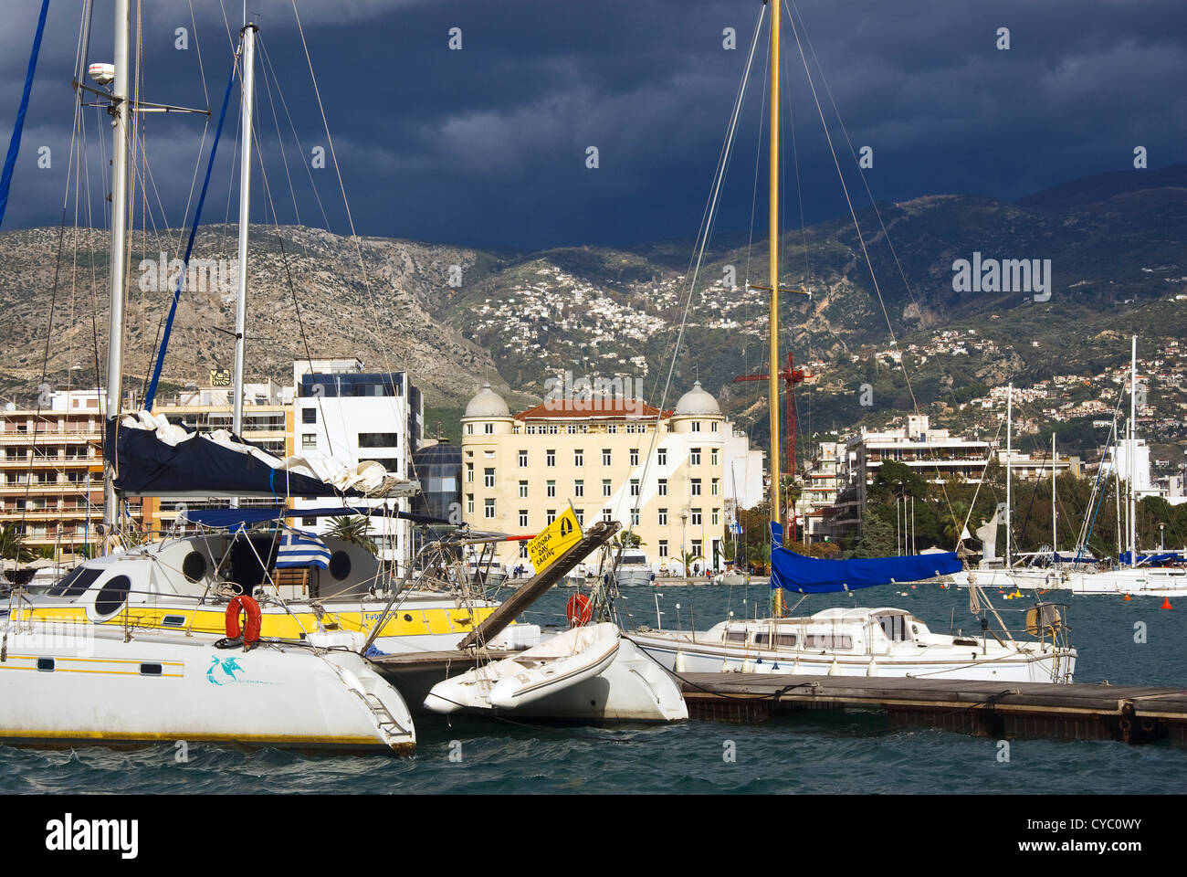 View of the marina of the city of Volos with the 'University of Thessaly'  in the background (Thessaly, Greece) Stock Photo