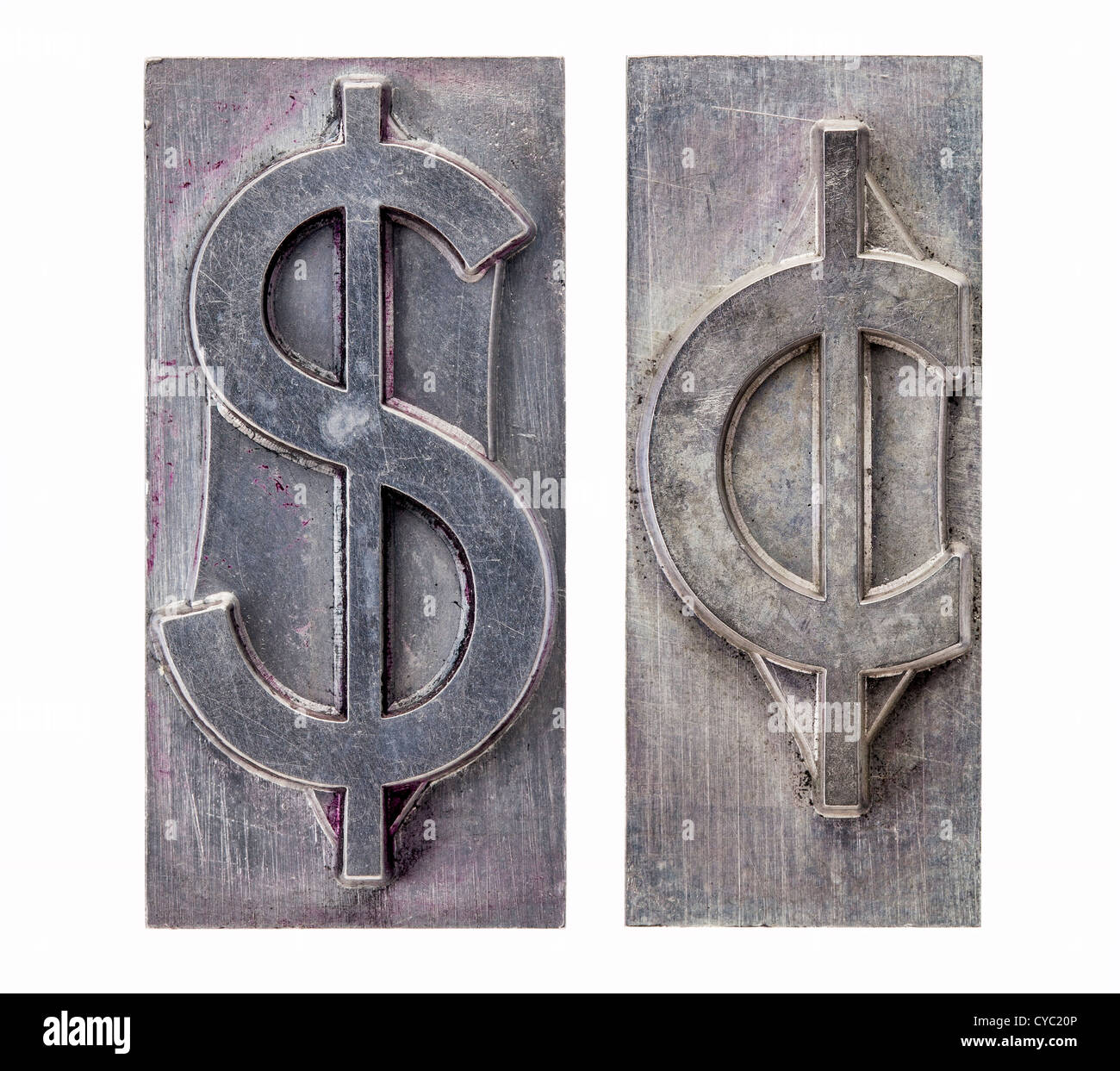 dollar and cent - isolated symbols in vintage grunge metal letterpress printing blocks Stock Photo