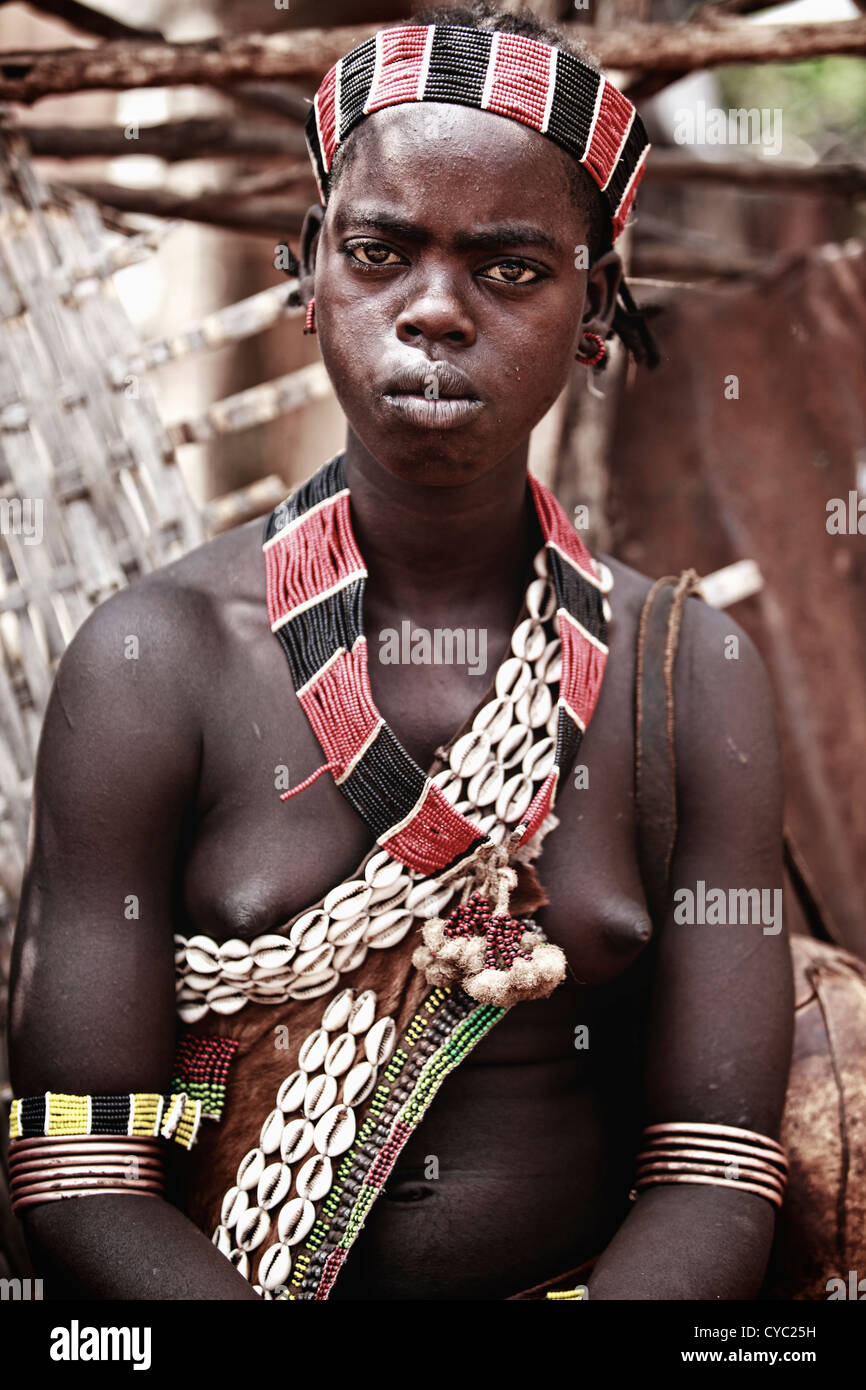Young tribal Hamar girl Stock Photo