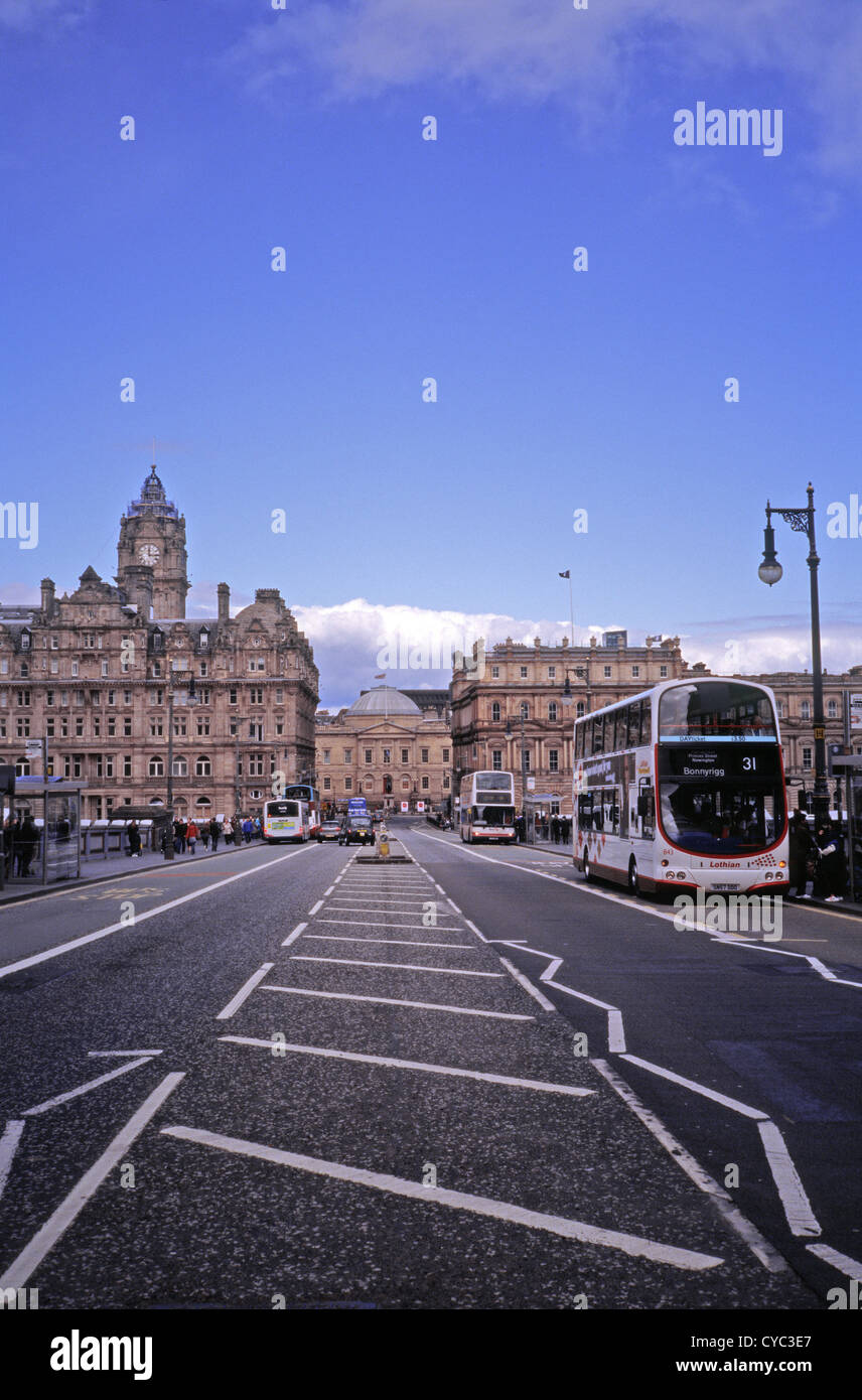 View Looking along North Bridge towards the Register House and Balmoral Hotel to the Left, Edinburgh, Scotland, UK Stock Photo