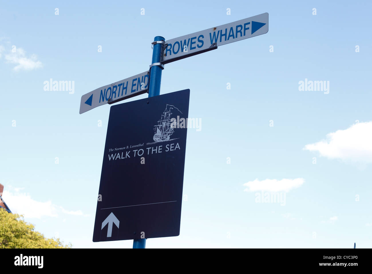 Boston City Signs Guiding Tourists Along The Harbor Walk At Long Wharf ...