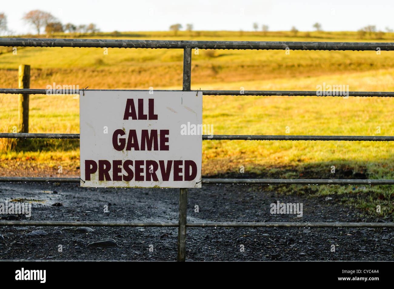 "All Game Preserved" sign on a five bar field gate, preventing hunting in a field Stock Photo