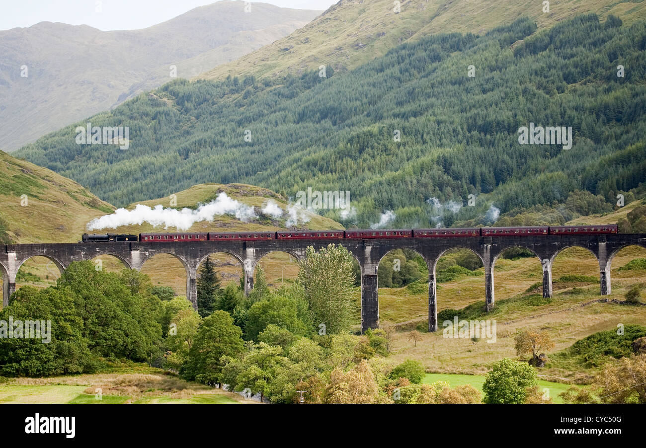 Steam train tavelling over the Glenfinan viaduct as used in the harry potters movies thw viaduct is in the Scottish highlands Stock Photo
