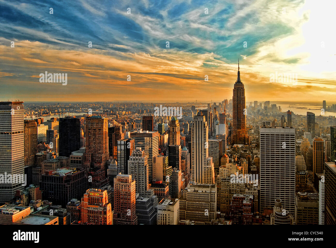 HDR image overlooking southern half of Manhattan, New York City, with Empire State Building. Stock Photo