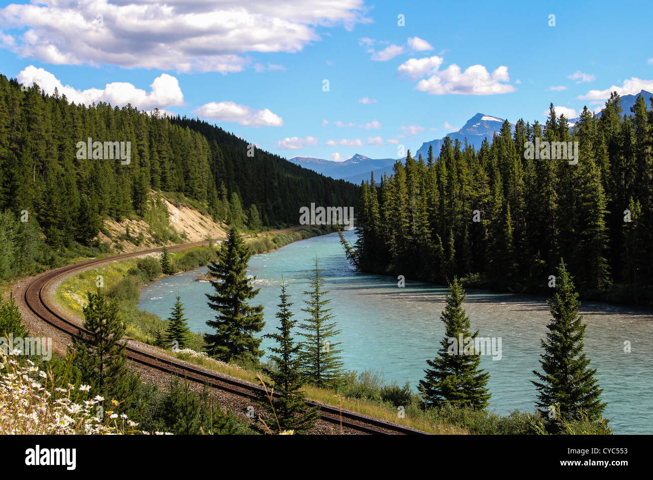 Coast to coast Canadian Railway passing through the Rocky Mountains Stock Photo
