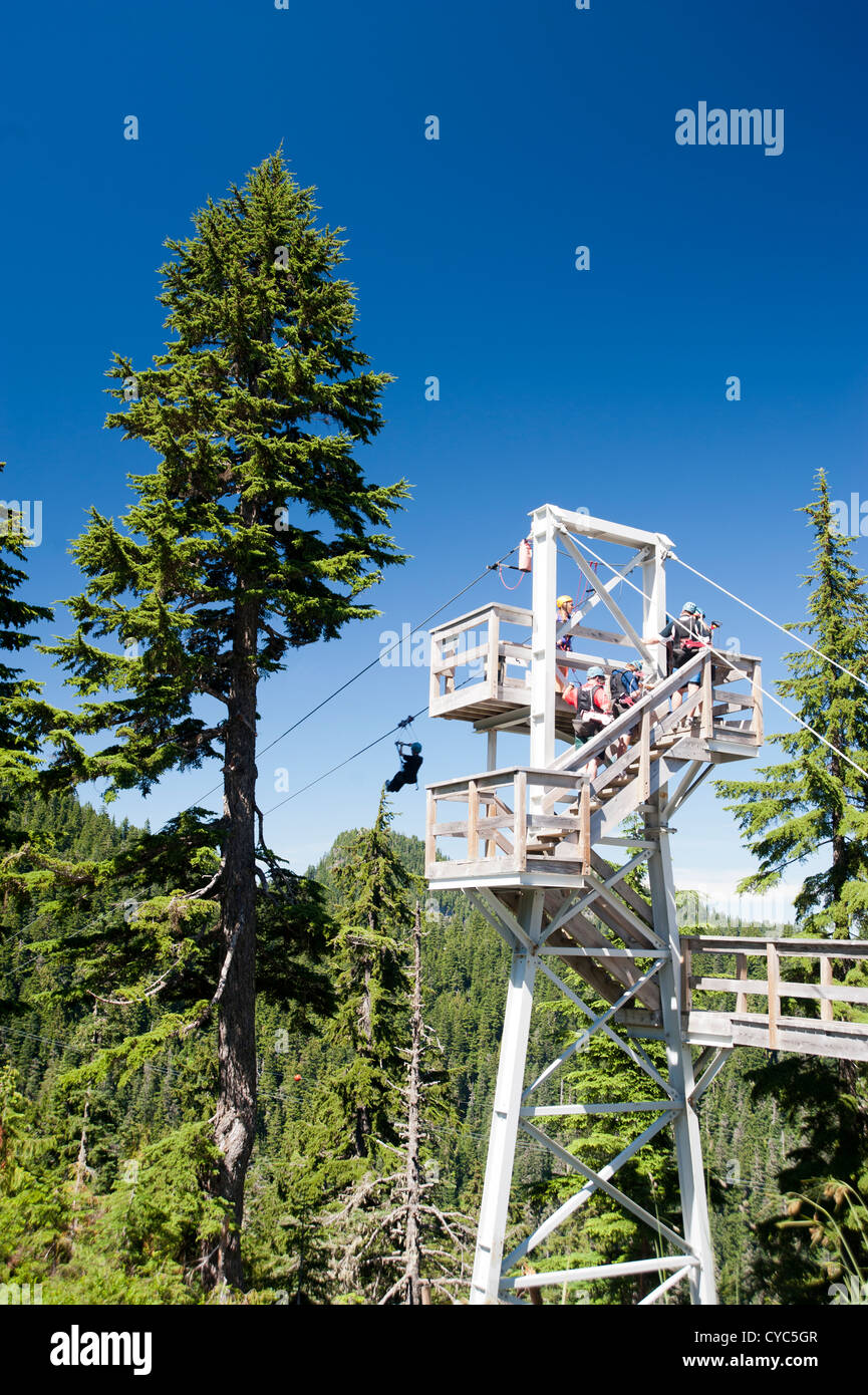 Zipline with people lined up on the platform waiting their turn, one