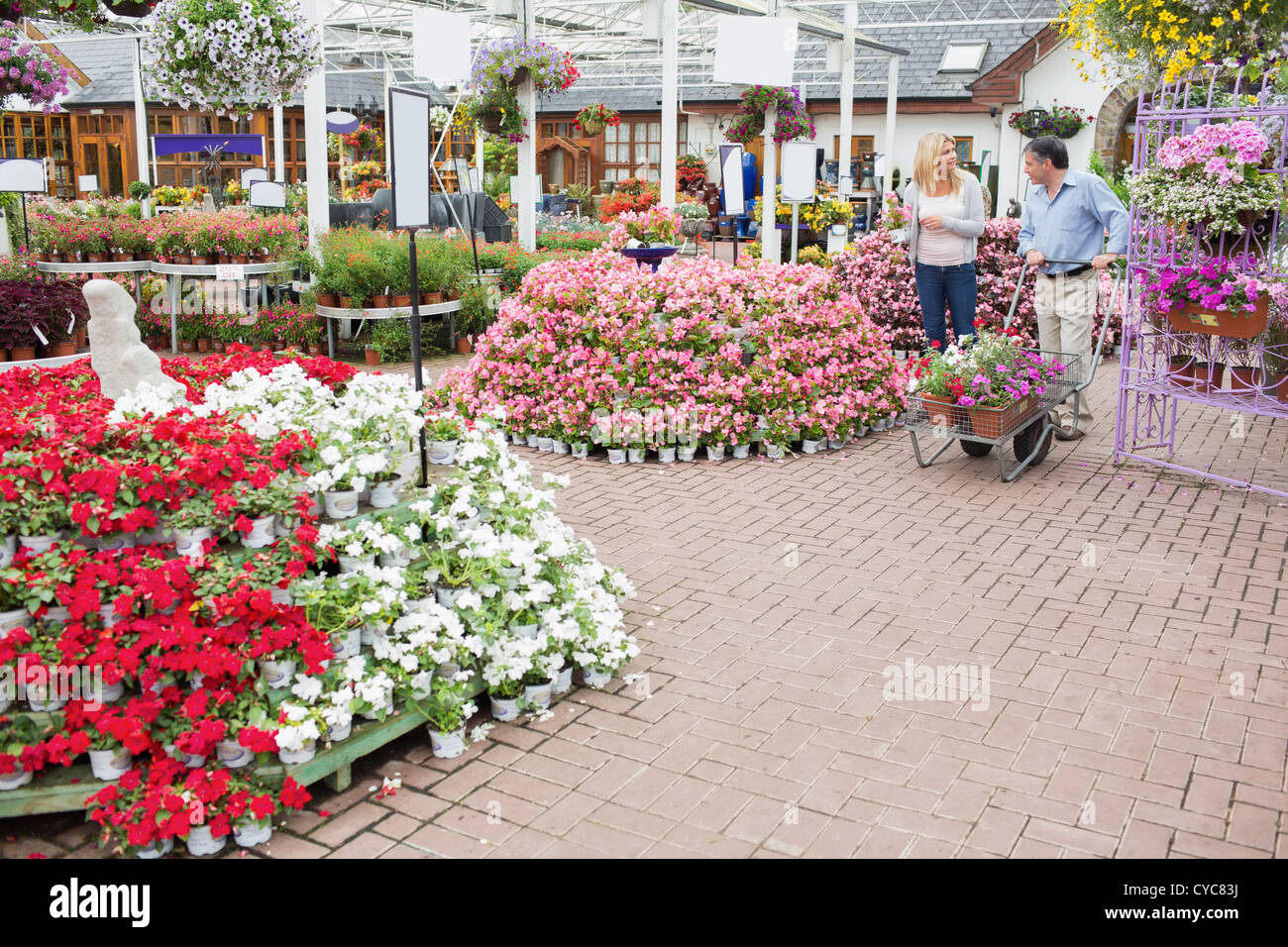 Outside of garden center with many types of plants and flowers Stock ...