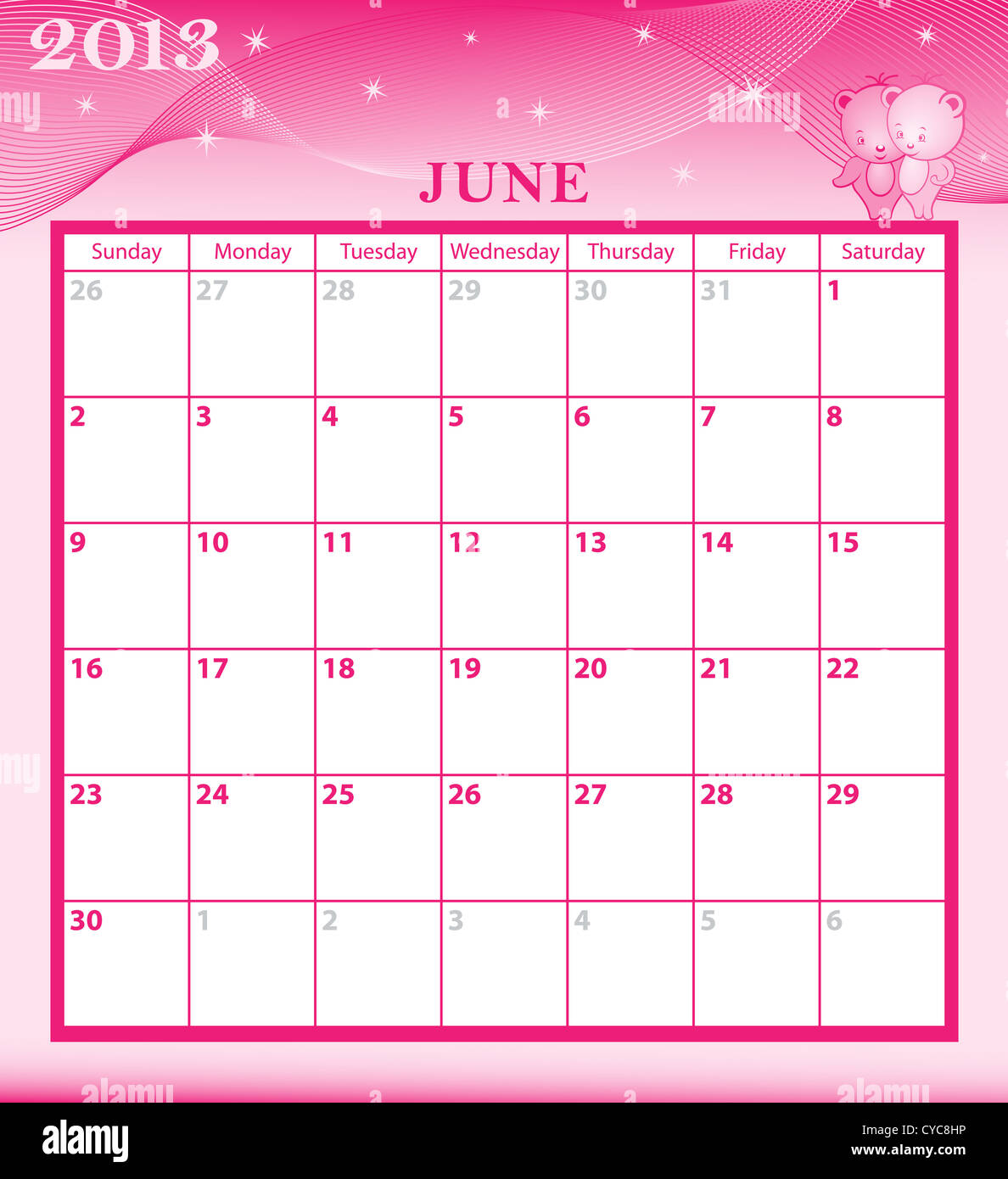 Calendar 2013 June month with large date boxes. Cartoon characters and ...