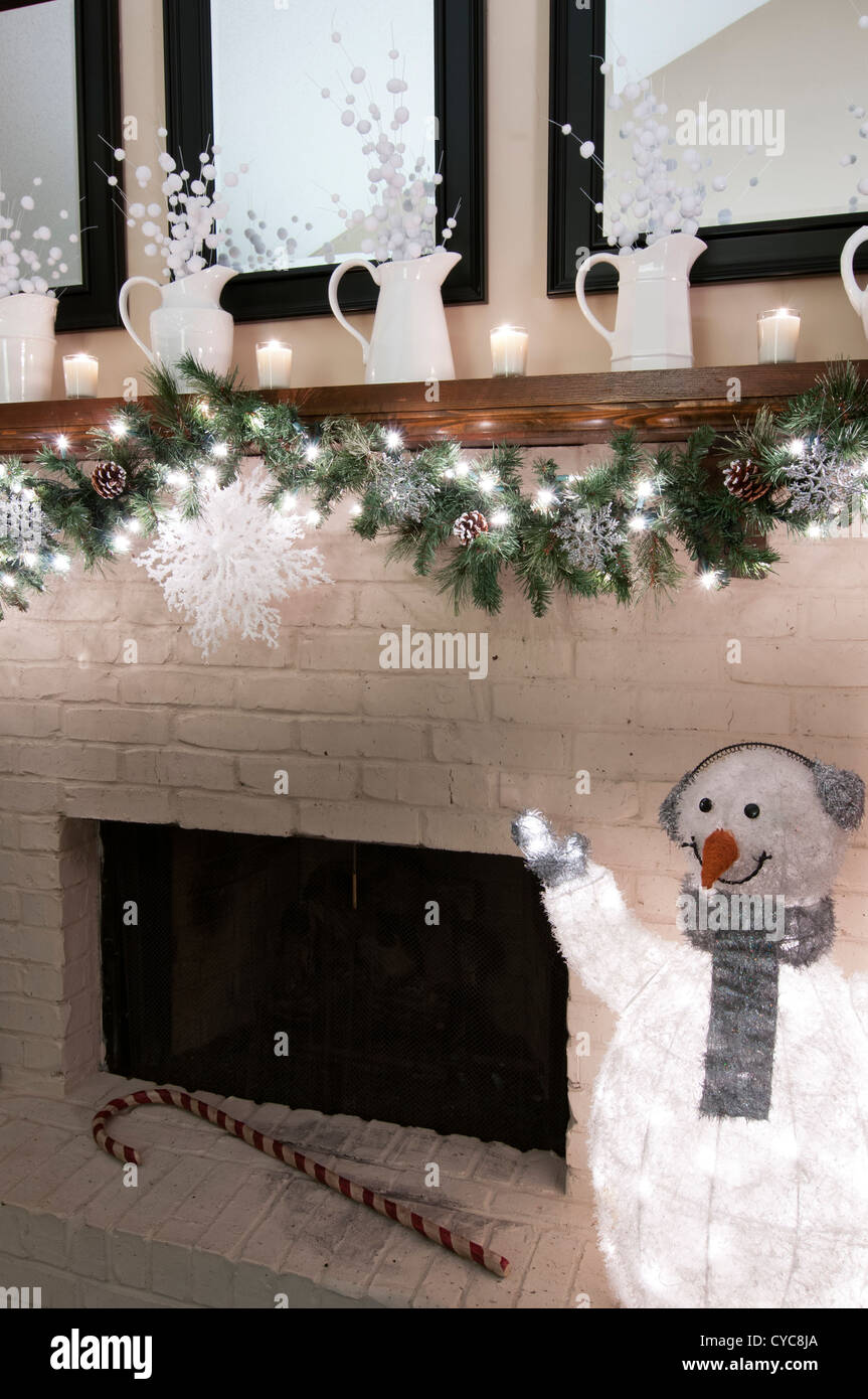 Christmas Home Decor Around A Fireplace Mantle Stock Photo