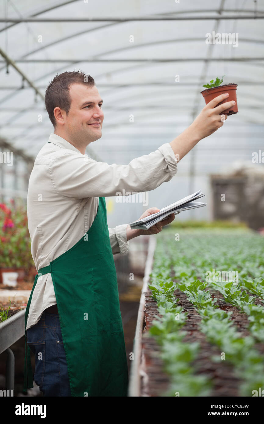 Gardener looking happily at seedling while taking notes Stock Photo