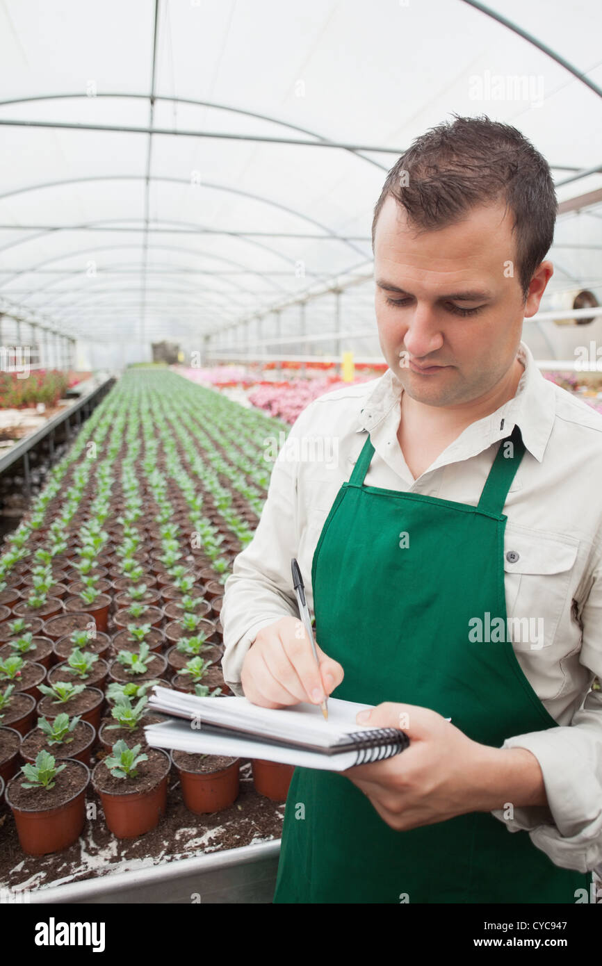 Greenhouse worker taking notes Stock Photo