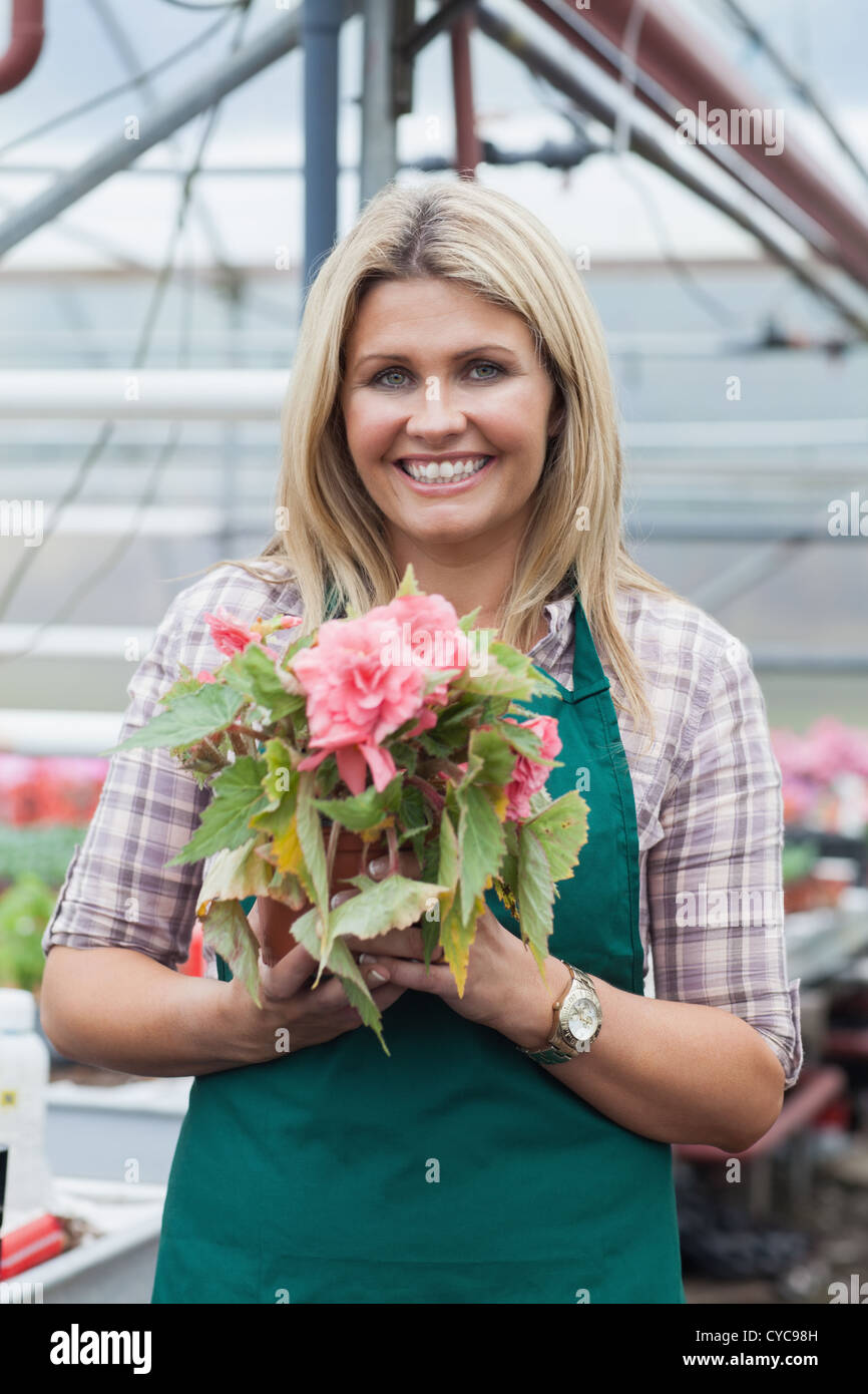 Blonde woman holding a flower working in garden center Stock Photo - Alamy
