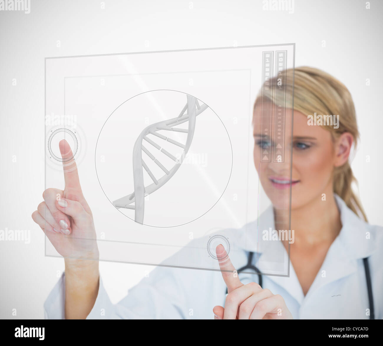 Woman looking at DNA helix interface Stock Photo