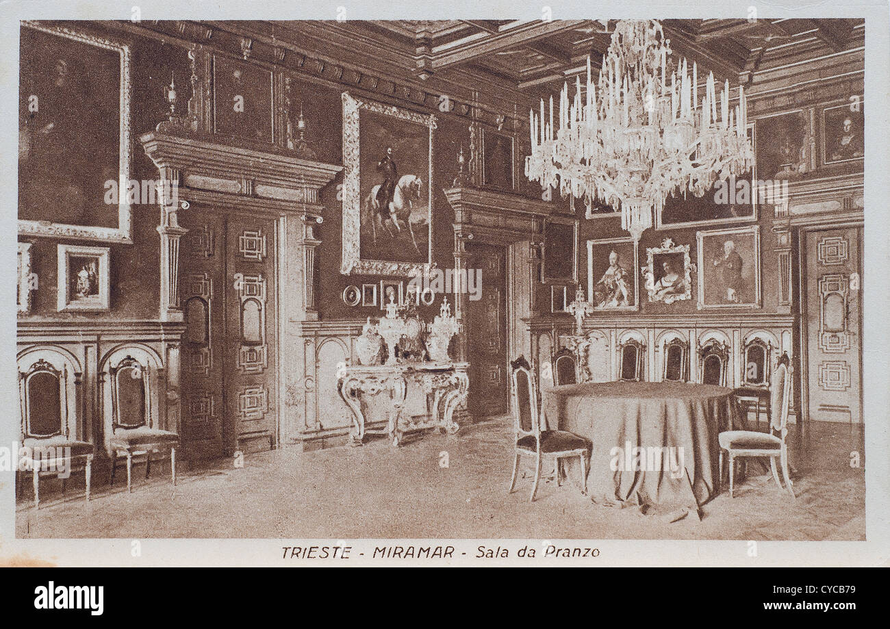 a view of interior of Miramare castle in Trieste in an old postcard Stock Photo