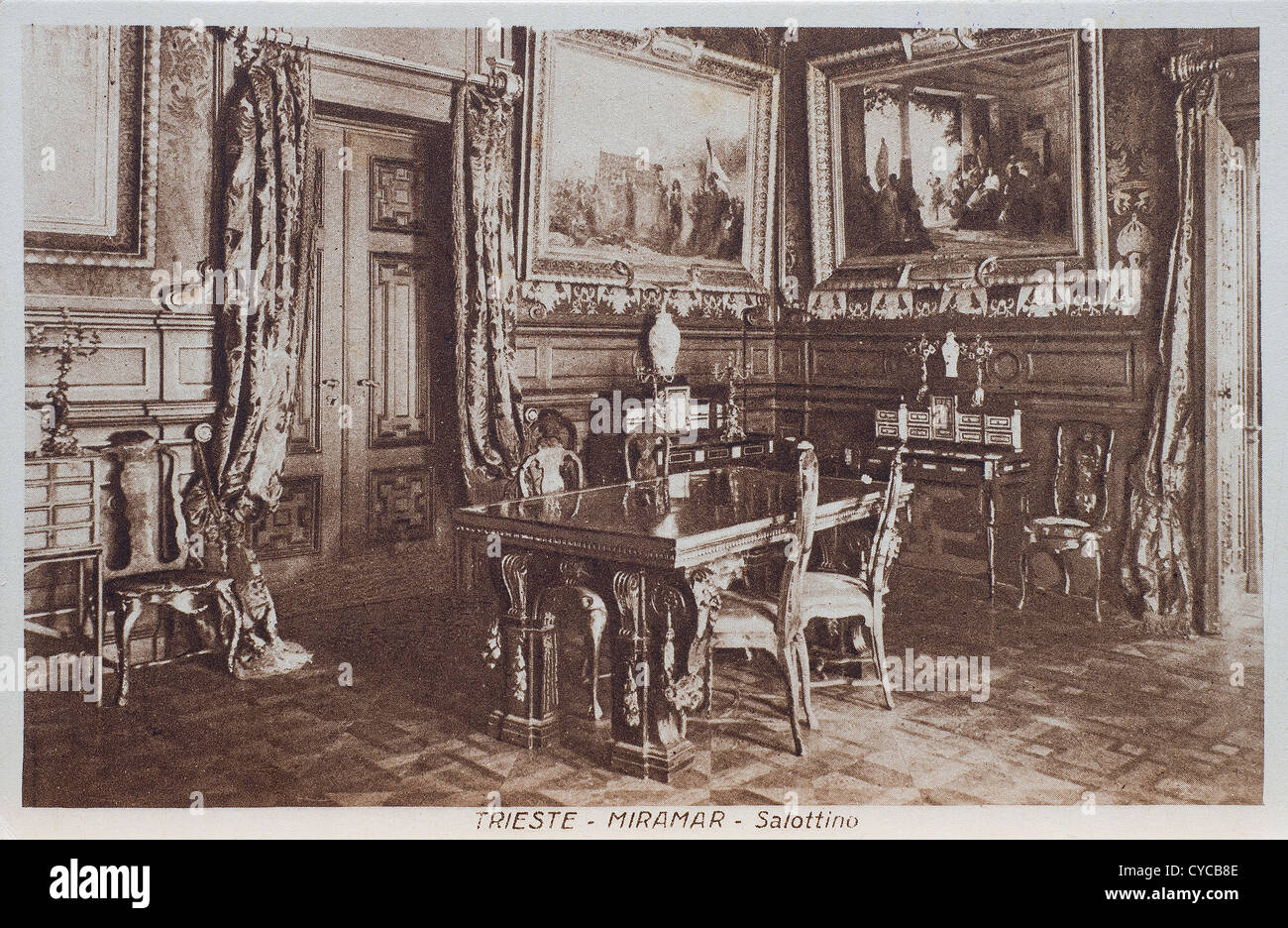a view of interior of Miramare castle in Trieste in an old postcard Stock Photo
