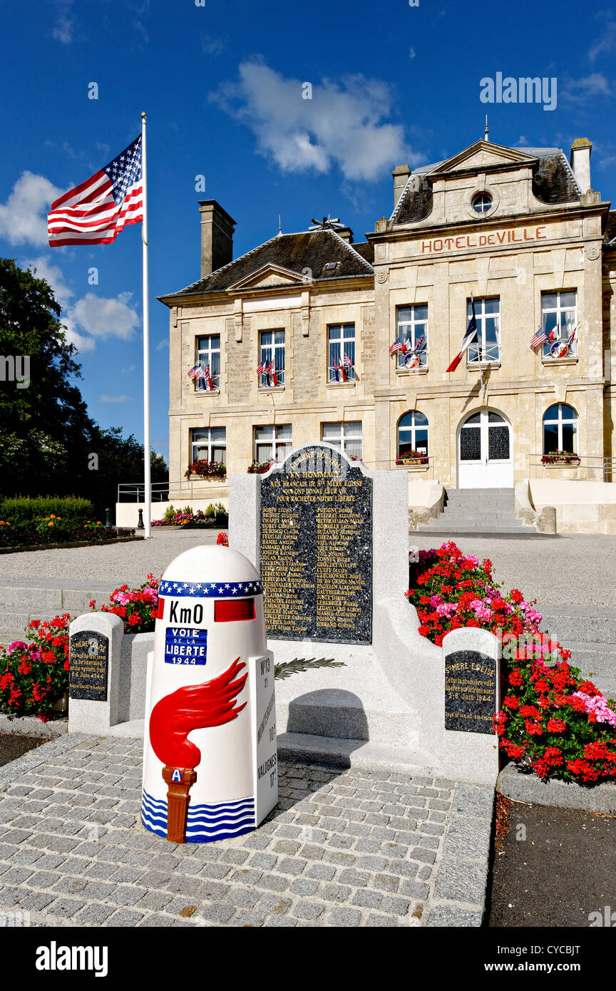 Town hall, Sainte Mere l'Eglise, Normandy, France. Stock Photo