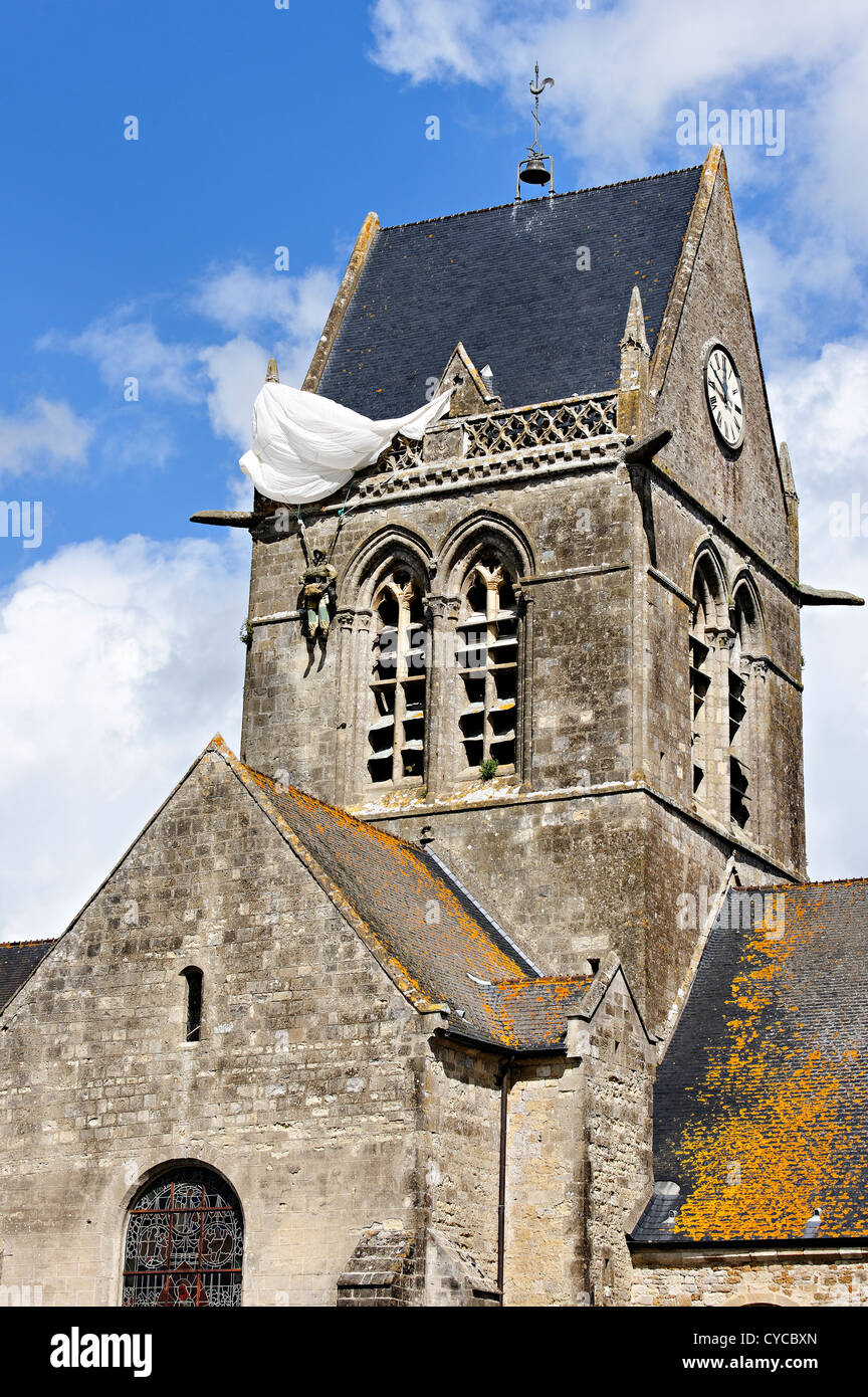 Paratrooper hanging from the bell tower, Sainte Mere L'Eglise, Normandy, France. Stock Photo