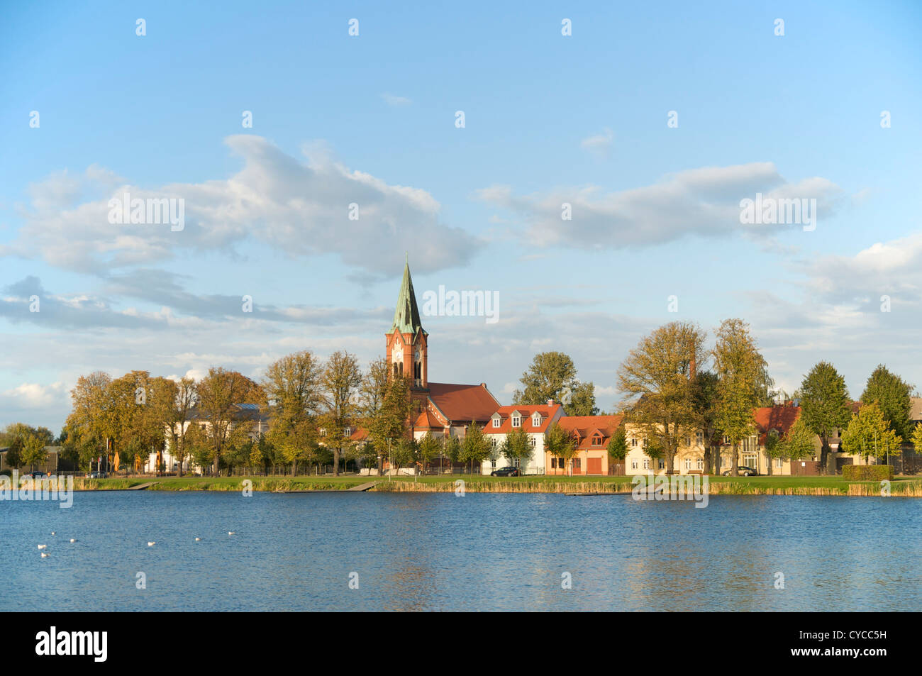 Waterfront view of Werder upon Havel with the Catholic church Maria Meeresstern in the old quarter on an island. Stock Photo