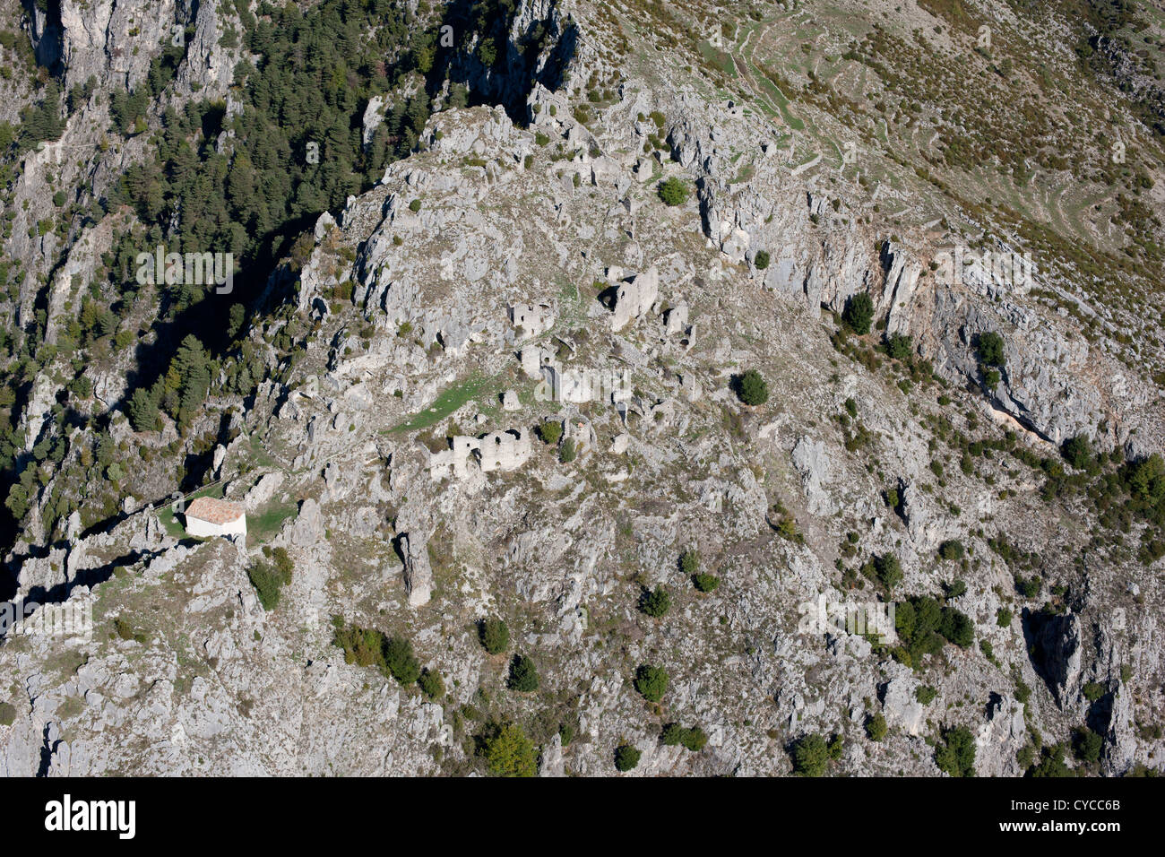 AERIAL VIEW. Abandoned perched village of Rocca Sparviera, high on the mountainous French Riviera's hinterland. Alpes-Maritimes, France. Stock Photo