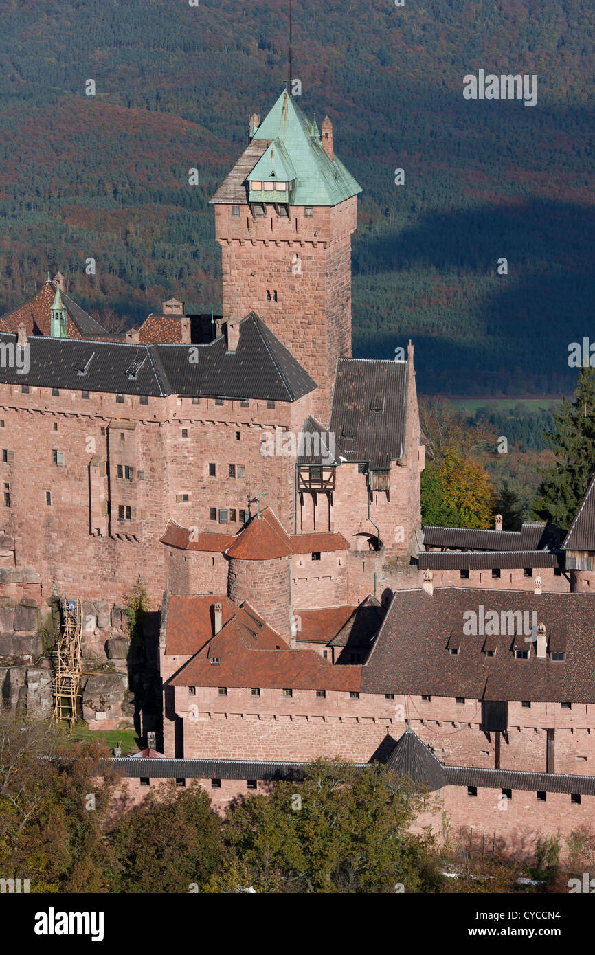 AERIAL VIEW. The 62-meter-high keep of the Haut-Koenigsbourg Castle on the eastern Vosges Mountains. Orschwiller, Bas-Rhin, Alsace, Grand Est, France. Stock Photo