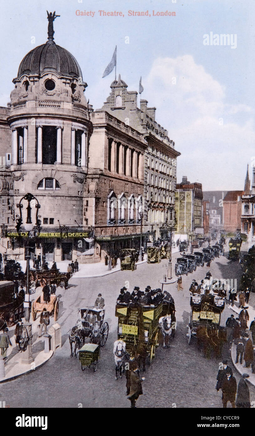 Gaiety Theatre Strand London Uk. Horse drawn omnibus traveling from the Strand to Hammersmith in west London. Stock Photo