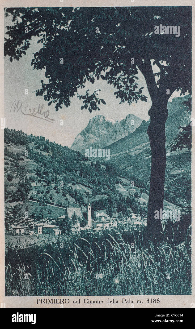 A view of Primiero  in an old postcard Stock Photo