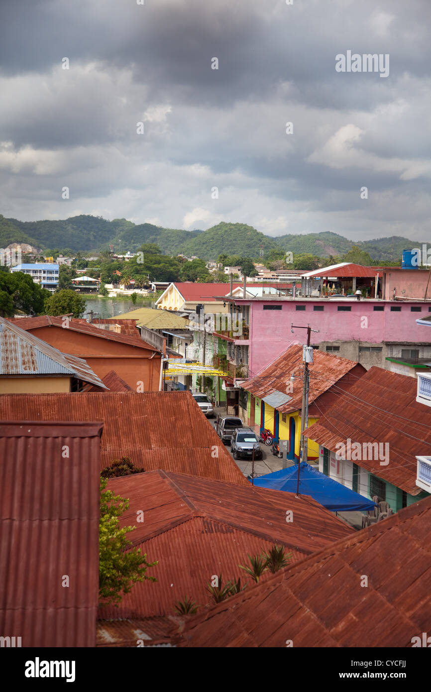 Looking across the rooftops of the charming little island of Flores in Lake Peten Itza. Stock Photo