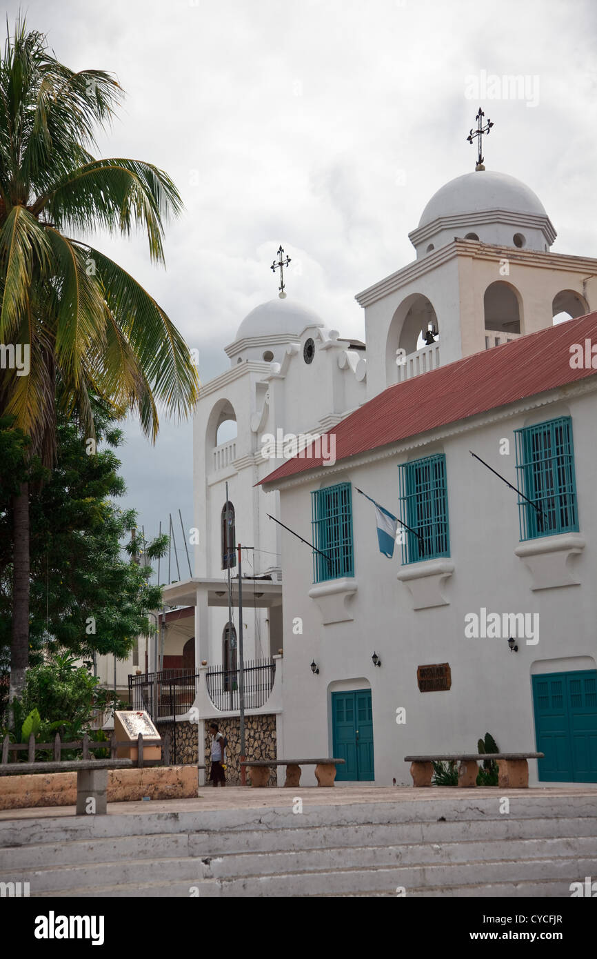 Church in the central square of the charming little island of Flores in Lake Peten Itza. Stock Photo