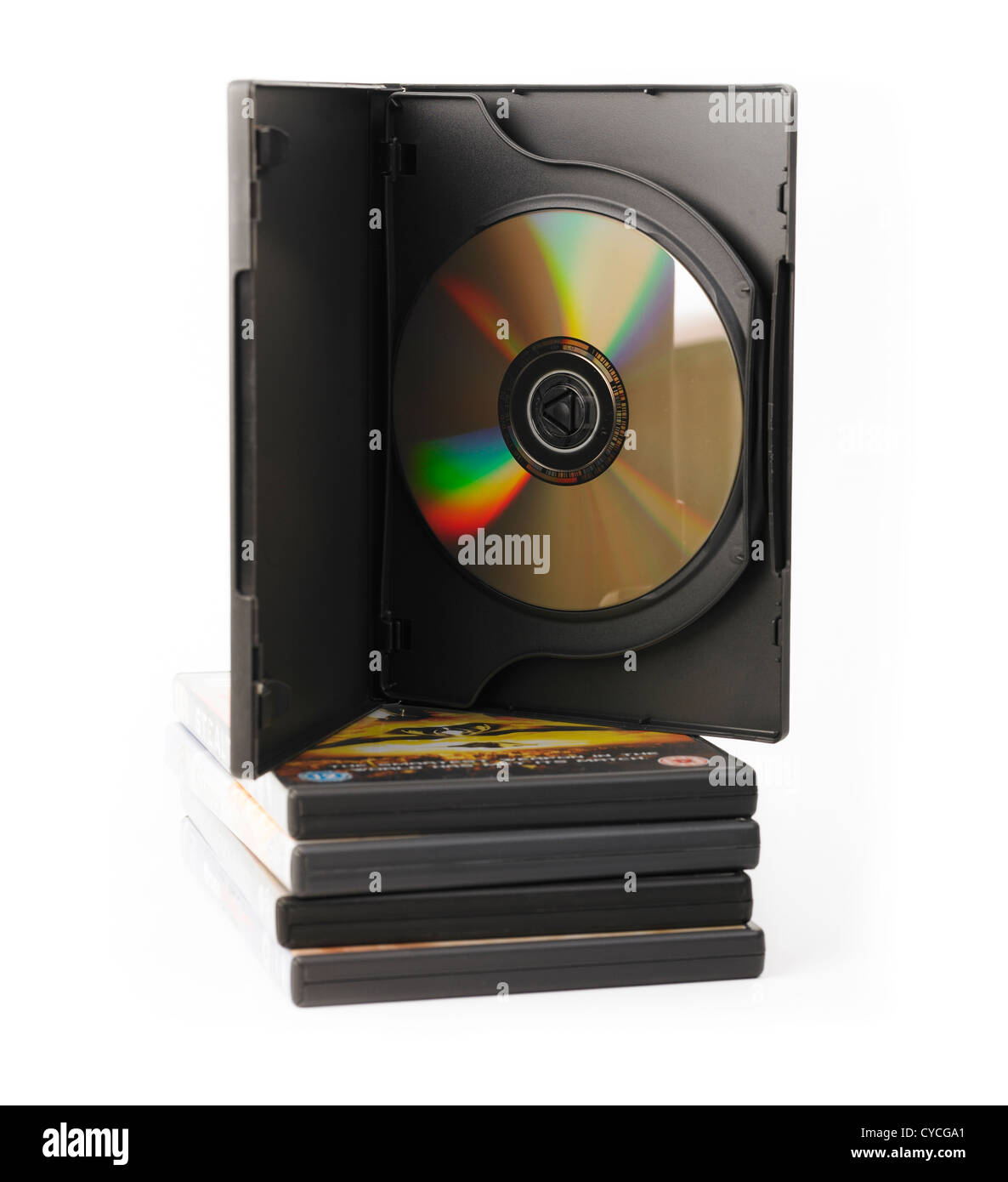 Stack of film dvds stored in outer cases on white background Stock