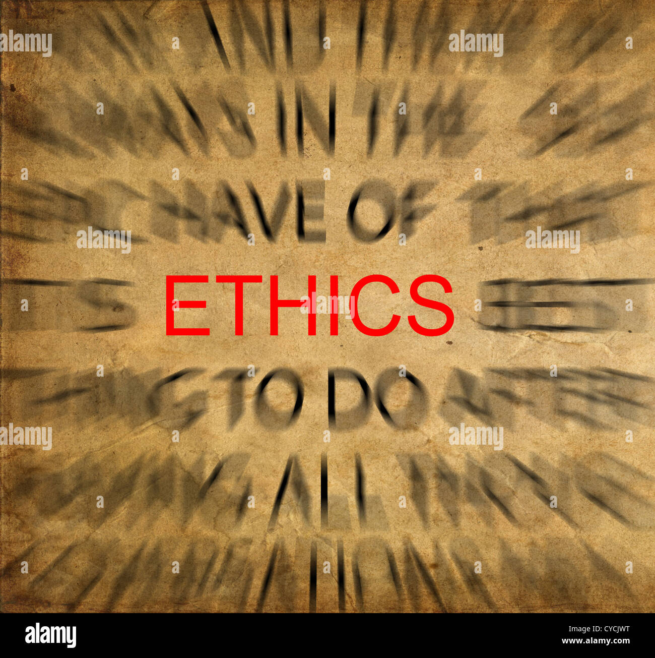Blured text on vintage paper with focus on ETHICS Stock Photo