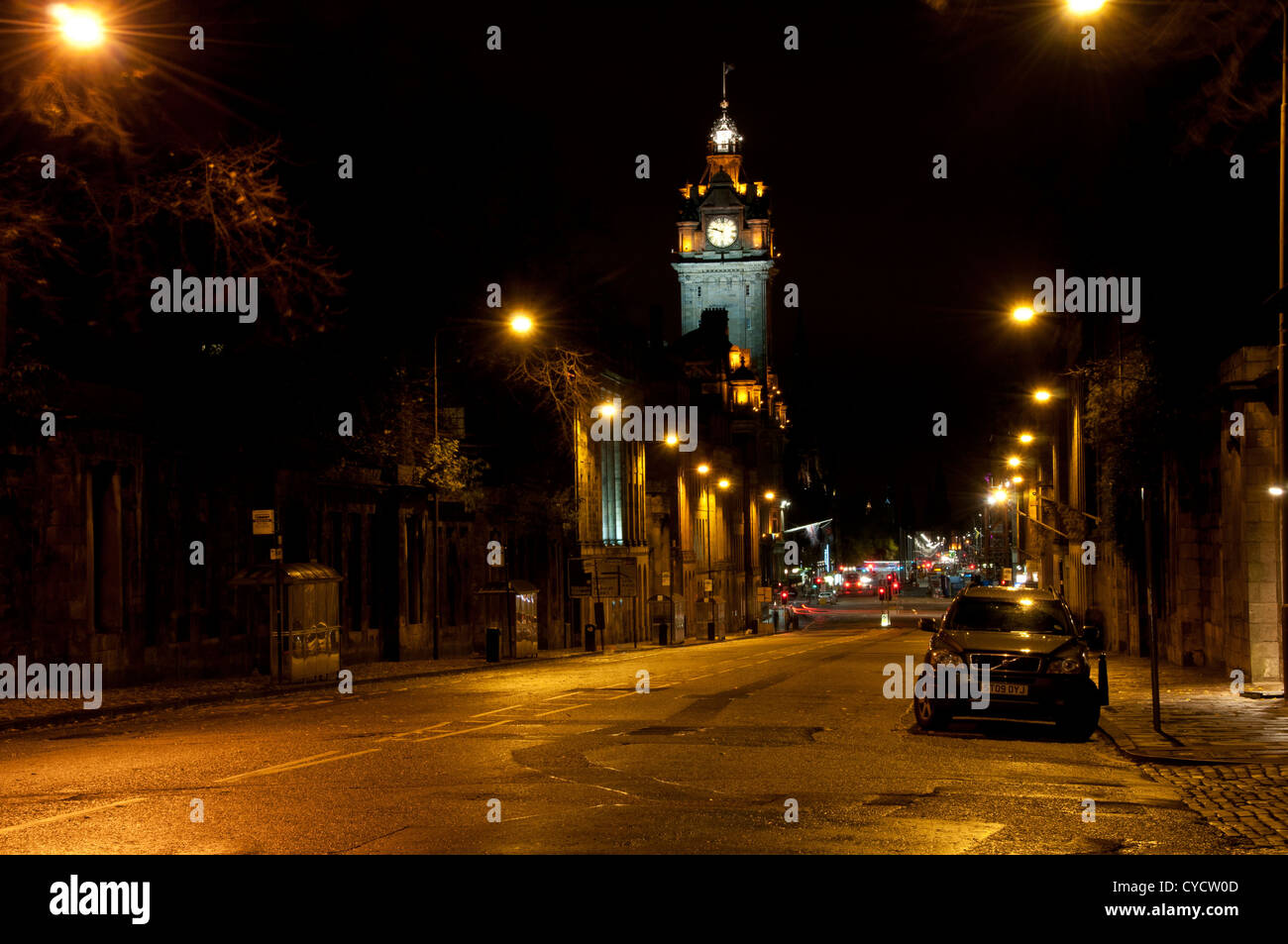 Wellington Place and Princess Street in Edinburgh at night Stock Photo
