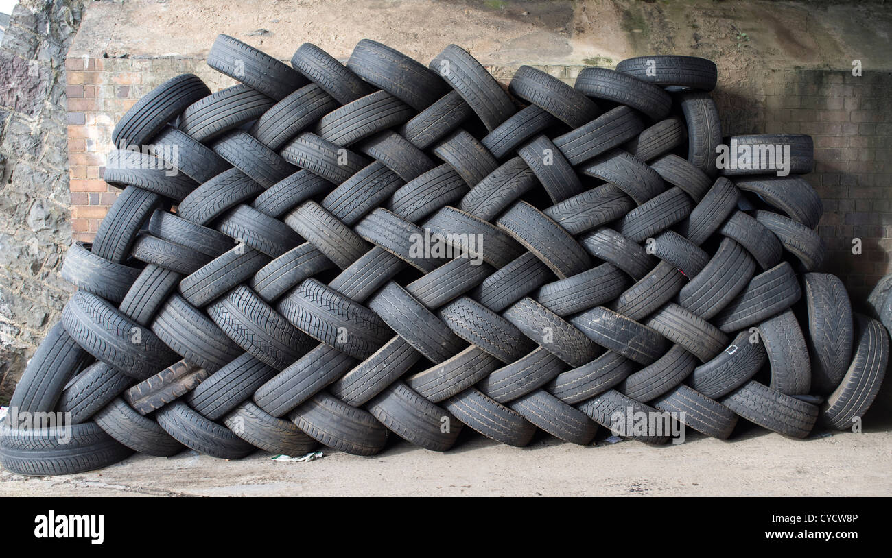 October 31st 2012. Exeter, Devon, England. Tyres tires stacked up in a