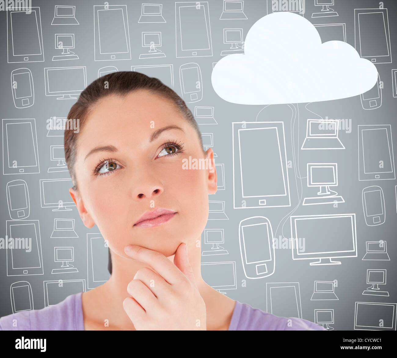 Woman with hand on chin thinking about cloud computing Stock Photo