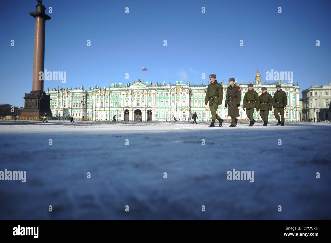 Russian soldiers marching in front of the Winter Palace in Saint-Petersburg, Russia Stock Photo
