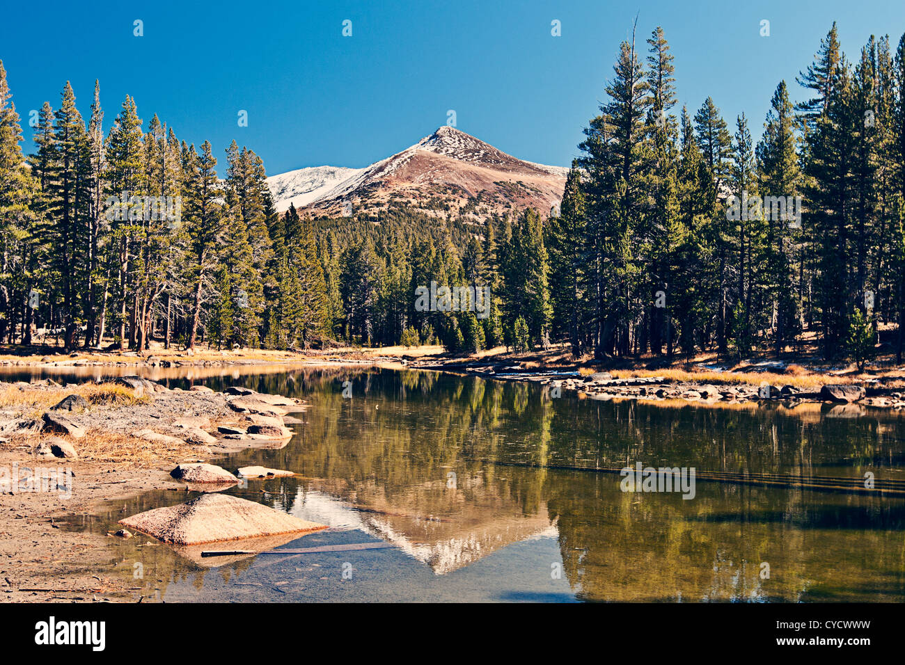 Snow Capped Mountain reflected in Lake in Yosemite National Park Stock Photo