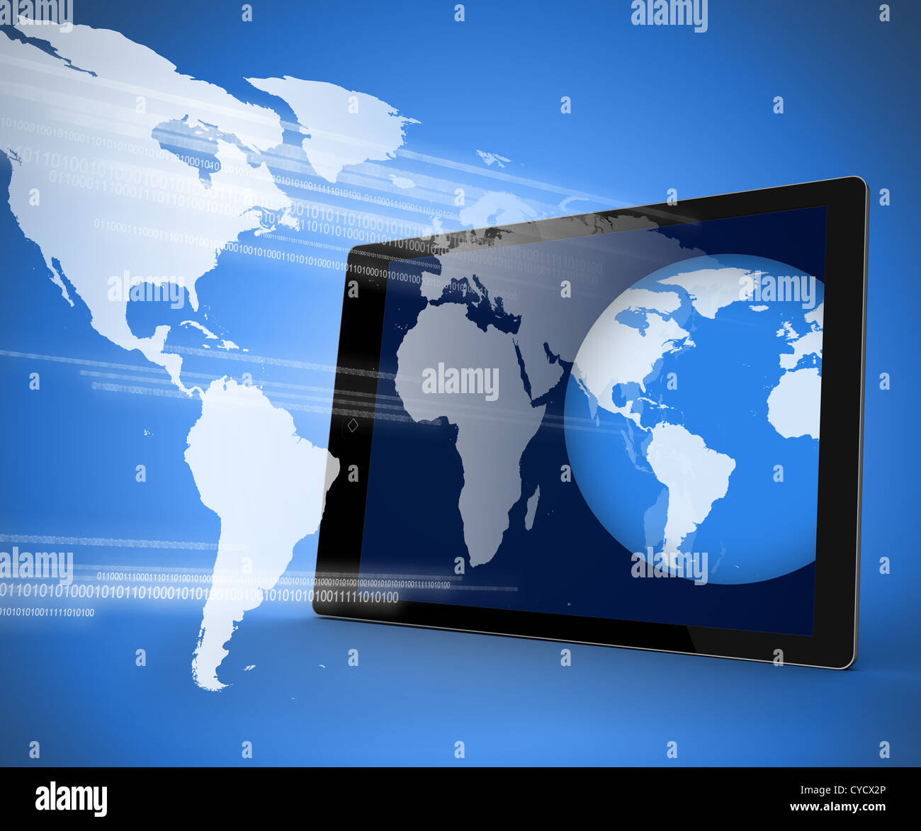 Tablet pc projecting globe on screen out Stock Photo