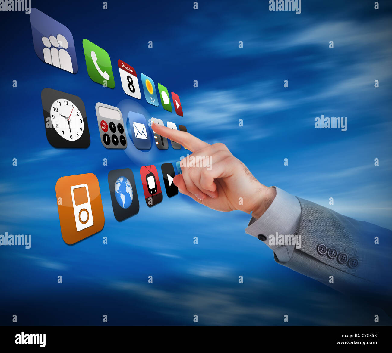 Businessman selecting email application from holographic interface Stock Photo