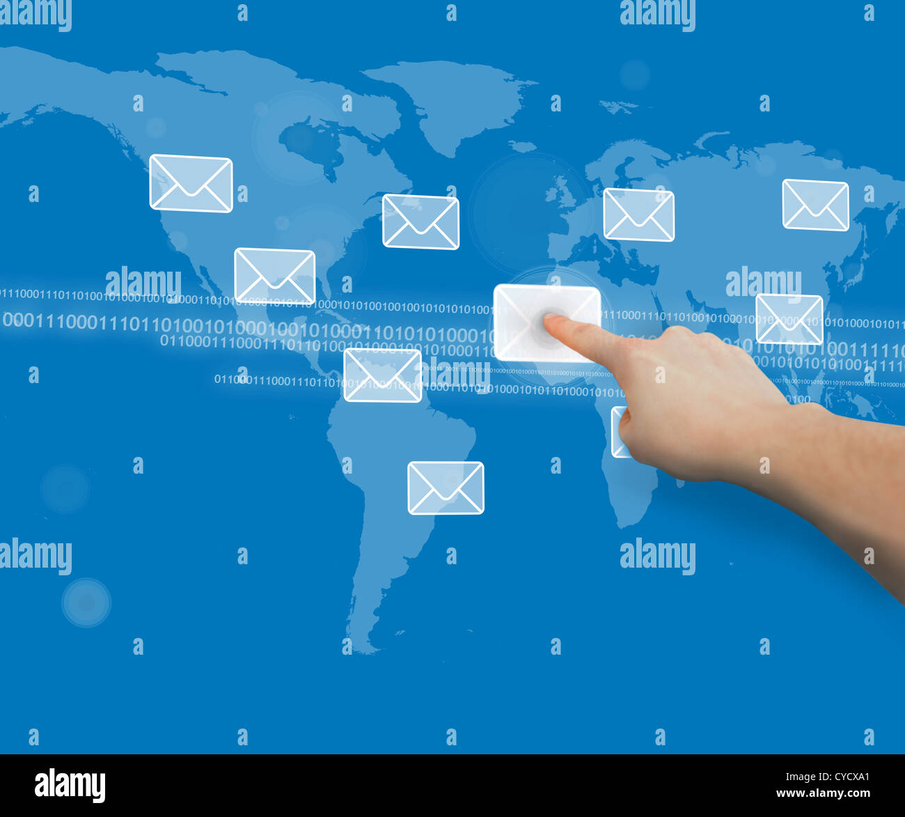 Finger touching message symbol on world map interface Stock Photo